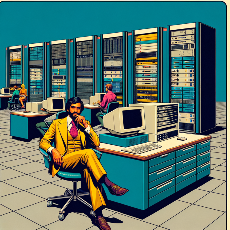 draw a data center with all technology components like storage, network, compute and facilities, with a picture of Faisal Javed. 1970s poster style