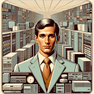 draw a data center with all technology components like storage, network, compute and facilities, with a picture of Faisal Javed. 1970s poster style