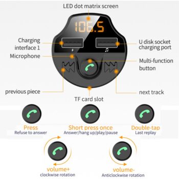 Car FM Transmitter Bluetooth 5.0 Car Mp3 Player Smart Chip T66