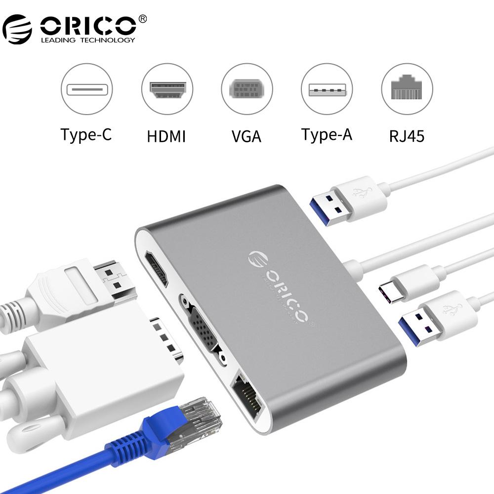 ORICO Aluminum Type-C to VGA/HDMI/RJ45/Type-C/Type-A Converter USB3.1 Gen1 with 2 USB3.0 Ports for Mac(RCNB)