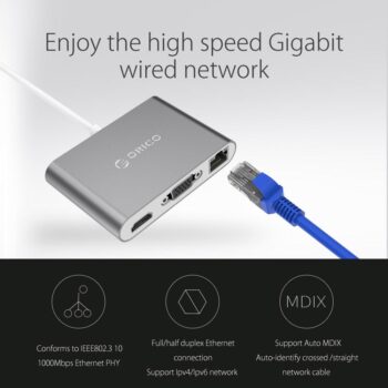 ORICO Aluminum Type-C to VGA/HDMI/RJ45/Type-C/Type-A Converter USB3.1 Gen1 with 2 USB3.0 Ports for Mac(RCNB)