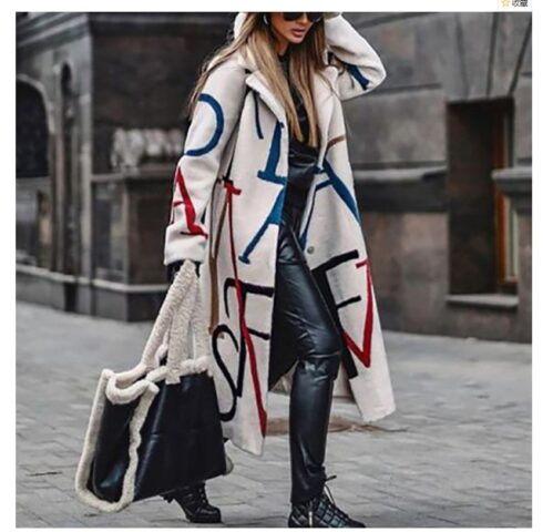 New women's long sleeved lapel jacket printed woolen long coat