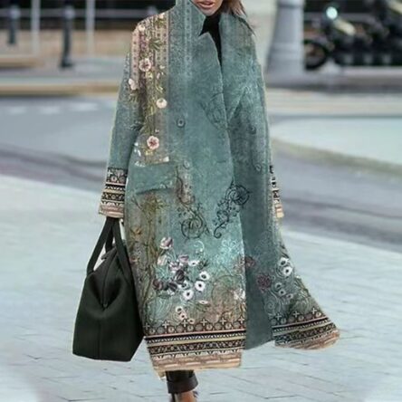 New women's long sleeved lapel jacket printed woolen long coat