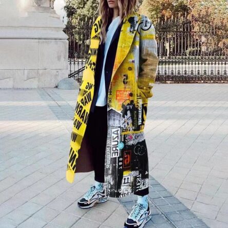 New women's long sleeved lapel jacket printed woolen long coat