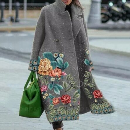 New women's long sleeved lapel jacket printed woolen long coat