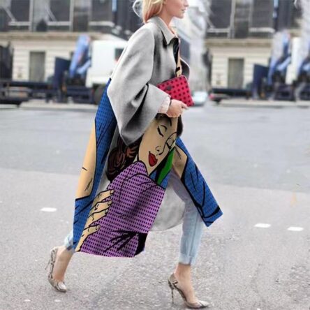 New women's long sleeved lapel jacket printed woolen long coat