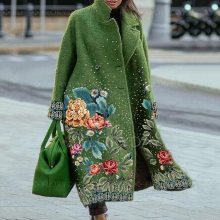 New women's long sleeved lapel jacket printed woolen long coat