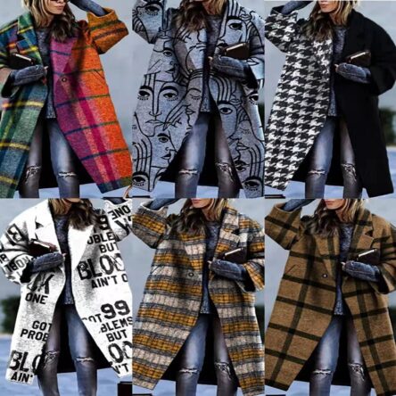 New women's long sleeved lapel jacket printed woolen long coat