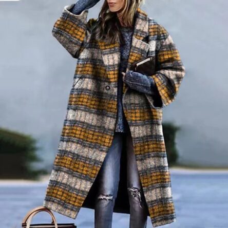 New women's long sleeved lapel jacket printed woolen long coat
