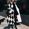 New women's long sleeved lapel jacket printed woolen long coat
