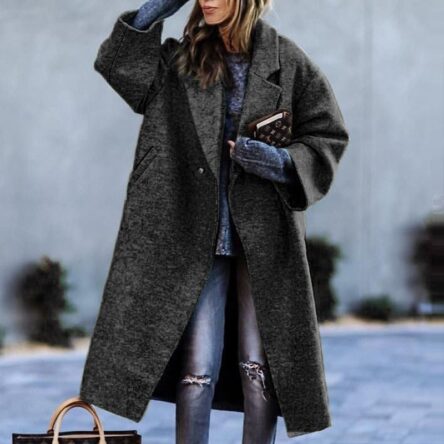 New women's long sleeved lapel jacket printed woolen long coat