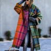 New women's long sleeved lapel jacket printed woolen long coat