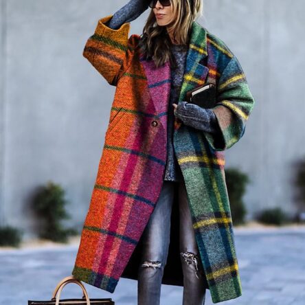 New women's long sleeved lapel jacket printed woolen long coat