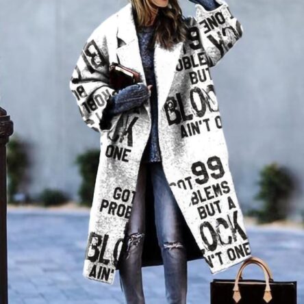 New women's long sleeved lapel jacket printed woolen long coat