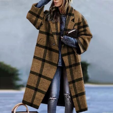 New women's long sleeved lapel jacket printed woolen long coat