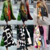 New women's long sleeved lapel jacket printed woolen long coat