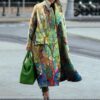 New women's long sleeved lapel jacket printed woolen long coat