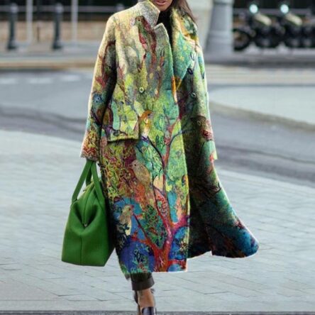 New women's long sleeved lapel jacket printed woolen long coat