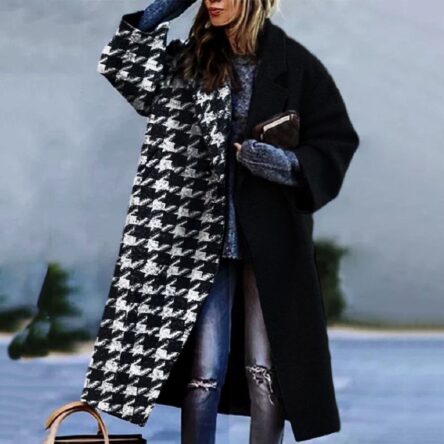 New women's long sleeved lapel jacket printed woolen long coat