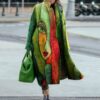 New women's long sleeved lapel jacket printed woolen long coat