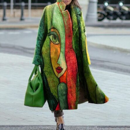 New women's long sleeved lapel jacket printed woolen long coat