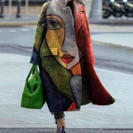 New women's long sleeved lapel jacket printed woolen long coat