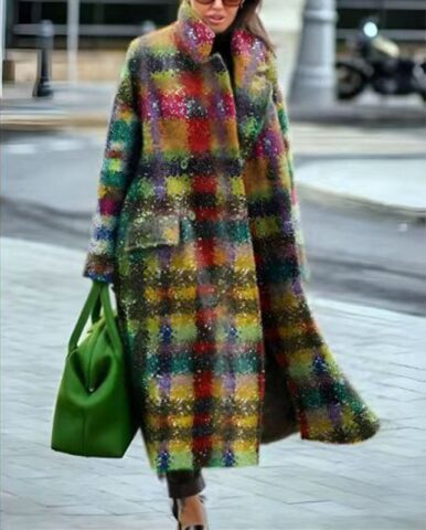 New women's long sleeved lapel jacket printed woolen long coat