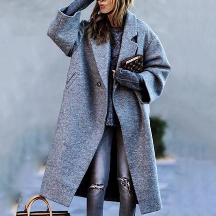 New women's long sleeved lapel jacket printed woolen long coat