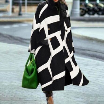 New women's long sleeved lapel jacket printed woolen long coat