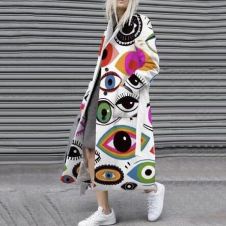 New women's long sleeved lapel jacket printed woolen long coat