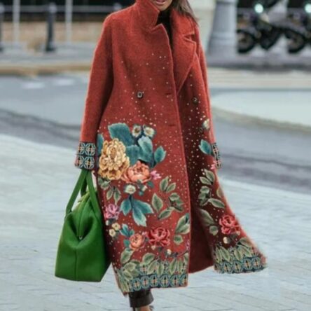 New women's long sleeved lapel jacket printed woolen long coat