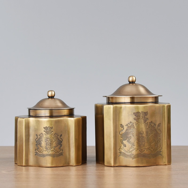Brass vintage storage box, coffee can, chocolate candy can, tea can, decorative tabletop ornament