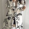 New women's long sleeved lapel jacket printed woolen long coat