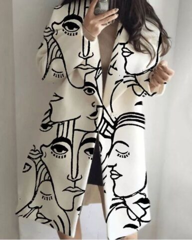 New women's long sleeved lapel jacket printed woolen long coat