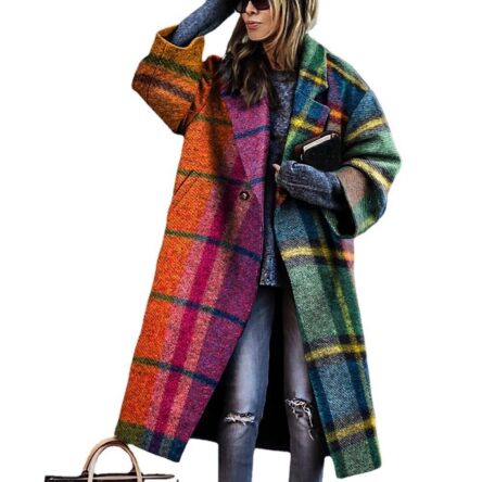 New women's long sleeved lapel jacket printed woolen long coat