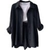 Wrinkled collar long sleeved shirt, high waisted drawstring shorts, fashionable casual set