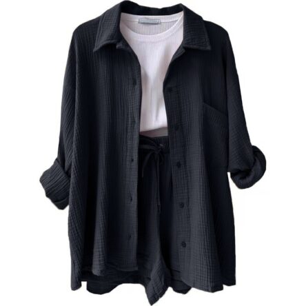 Wrinkled collar long sleeved shirt, high waisted drawstring shorts, fashionable casual set