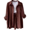 Wrinkled collar long sleeved shirt, high waisted drawstring shorts, fashionable casual set