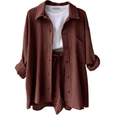Wrinkled collar long sleeved shirt, high waisted drawstring shorts, fashionable casual set