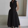 Commuter fashion solid color V-neck women's button up large hem dress