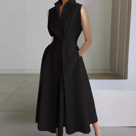 Commuter fashion solid color V-neck women's button up large hem dress