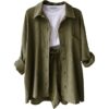 Wrinkled collar long sleeved shirt, high waisted drawstring shorts, fashionable casual set