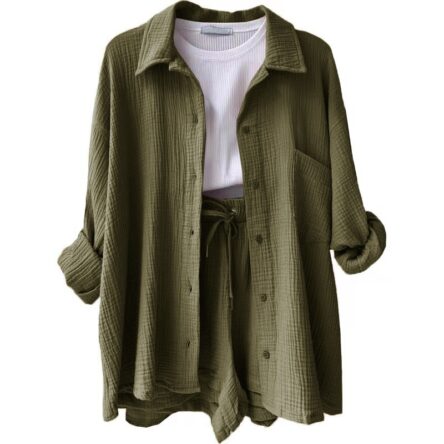 Wrinkled collar long sleeved shirt, high waisted drawstring shorts, fashionable casual set
