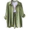 Wrinkled collar long sleeved shirt, high waisted drawstring shorts, fashionable casual set