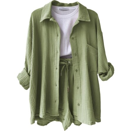 Wrinkled collar long sleeved shirt, high waisted drawstring shorts, fashionable casual set