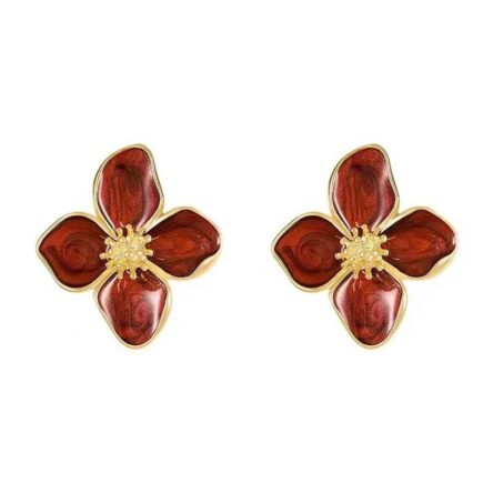 Vintage Hong Kong style drop glaze red flower earrings, three-dimensional small flower earrings