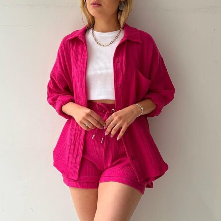 Wrinkled collar long sleeved shirt, high waisted drawstring shorts, fashionable casual set