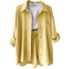 Wrinkled collar long sleeved shirt, high waisted drawstring shorts, fashionable casual set