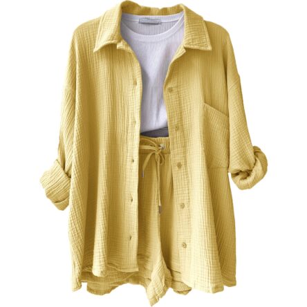 Wrinkled collar long sleeved shirt, high waisted drawstring shorts, fashionable casual set