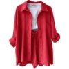 Wrinkled collar long sleeved shirt, high waisted drawstring shorts, fashionable casual set